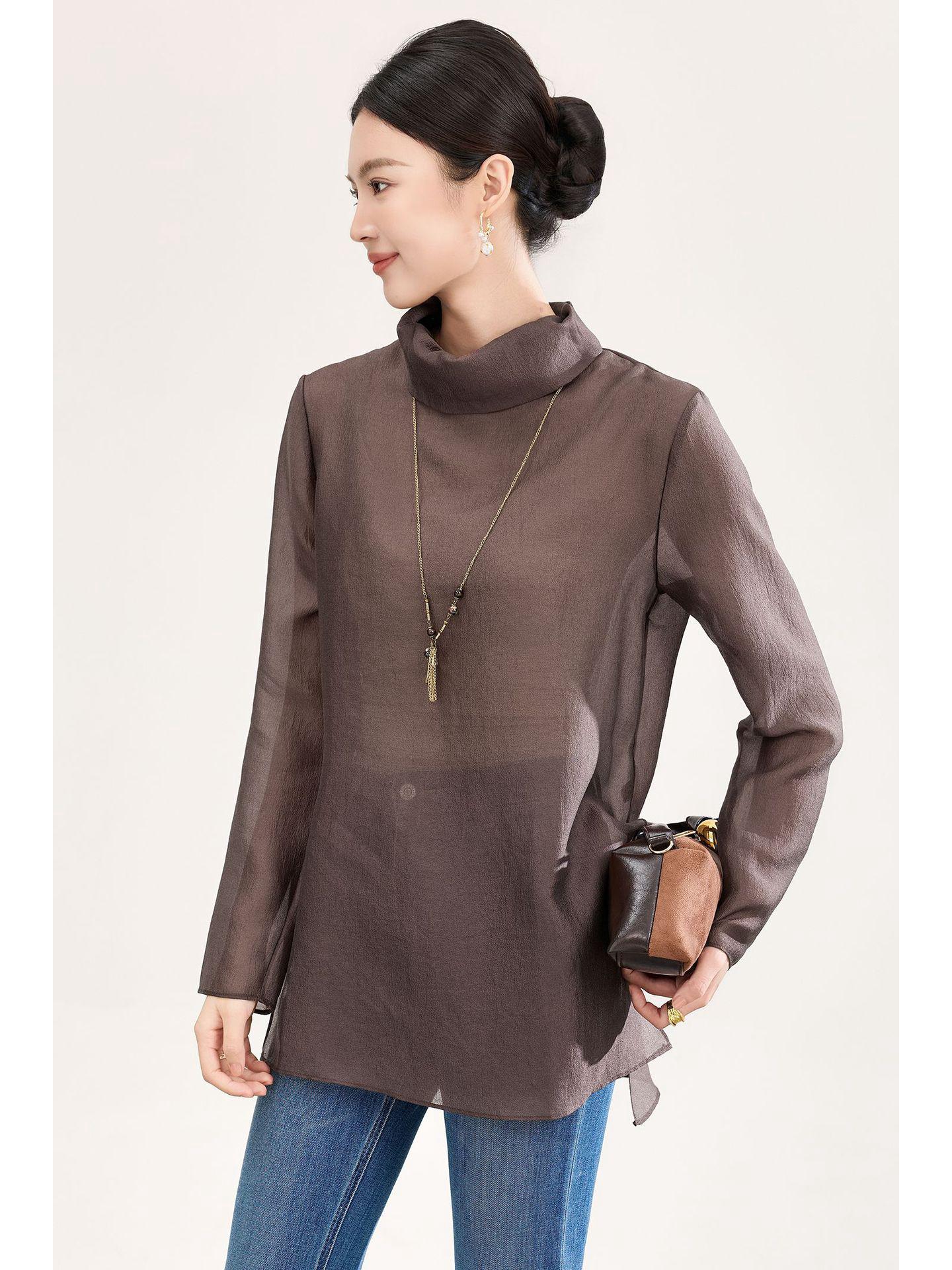 

High-Quality Soft Mist Tencel Blend High Collar Zipper Shirt - Elegant Early Spring Top Double Extra Large кофейный