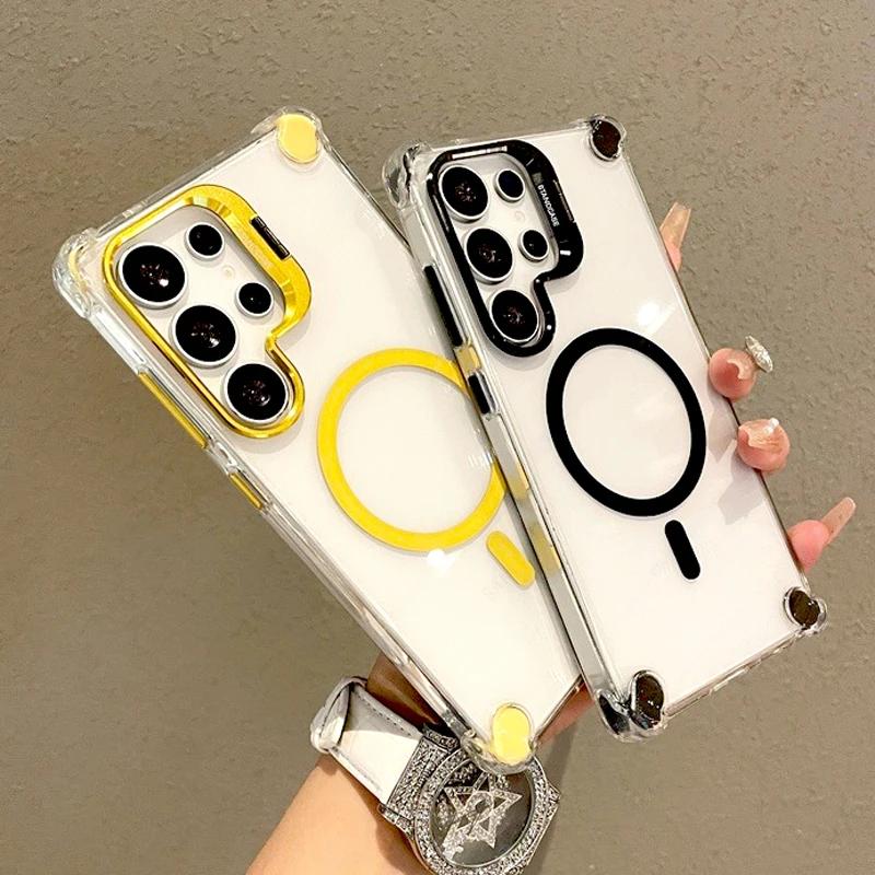 Luxus Transparentes Case Für Samsung Galaxy S25 S24 S23 S22 Ultra Plus A17 A56 A36 A16 A26 S24FE Magsafe Magnetischer Ständer Cover