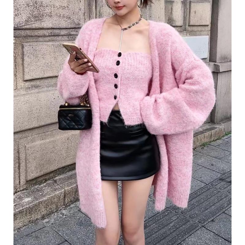 Temperament celebrity sweater set women's autumn and winter new loose tube top vest knitted sweater jacket two-piece set women