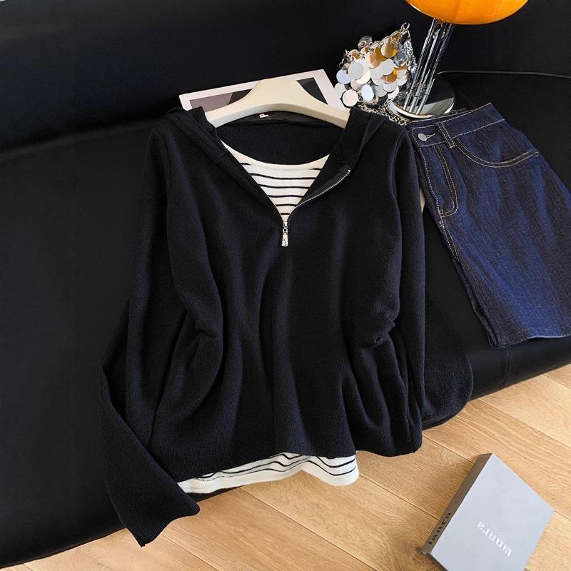Fake Two-piece Hooded Long-sleeved Knitted Sweater Women's Autumn New Pleated Waist Design Top