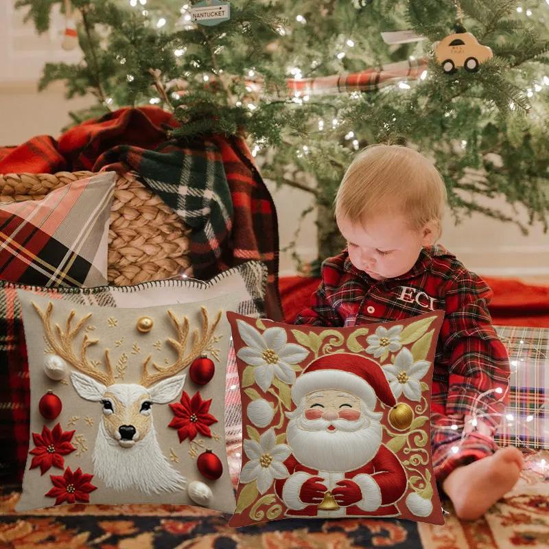 1/4pcs Cushion Cover New Year 2026 Linen Pillow Cases 45*45CM Pillowcase Single-Sided Excludes Inserts 2D Christmas Xmas Gifts