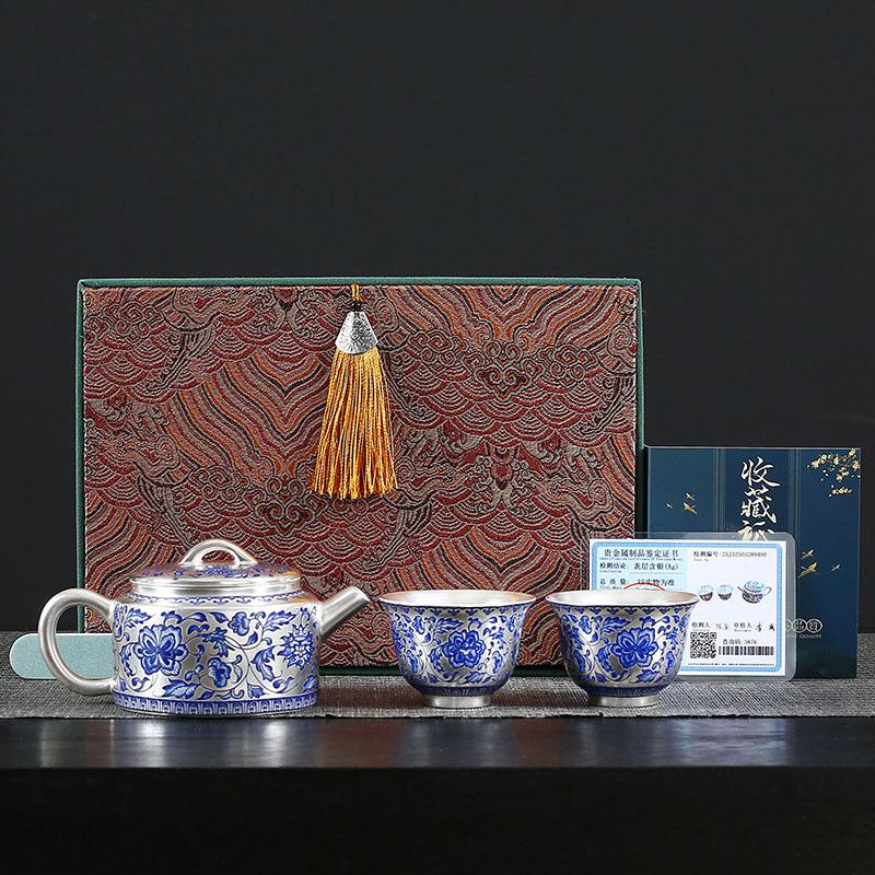 One Pot And Two Cups Of Entangled Lotus, Ceramic Silver Tea Set, Gift Portable Kung Fu Tea Set, Gift Box, Souvenir