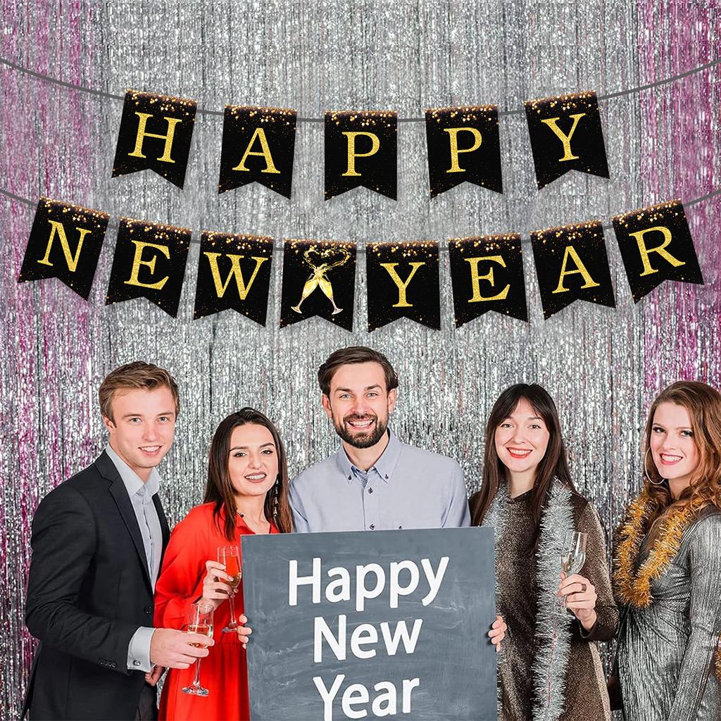 Neujahrs Schwarz und Gold Feuerwerk Prost Schwalbenschwanz Fahne Frohes Neues Jahr La Fahnenbanner