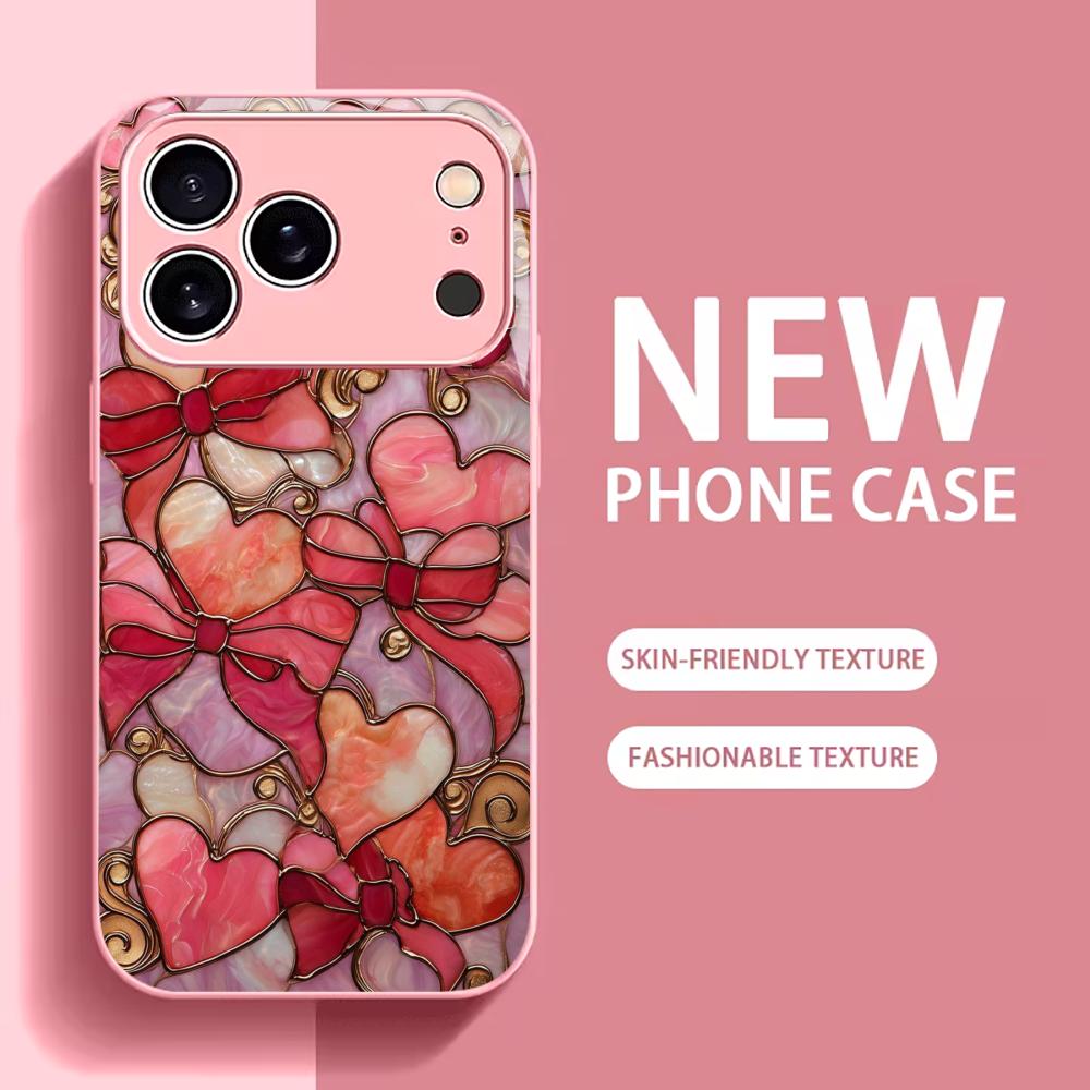 Aesthetic Pink Bow and Heart mobile phones Glass phone case for iphone 17 pro max cover for iPhone 17 16 15 14 13 12 pm Pro Plus