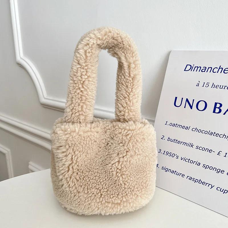 

Faux Lamb Wool Women s Small Bucket Bags Winter Fashion Ladies Plush Shoulder Crossbody Bag Soft Furry Purse Female Handbags бежевый