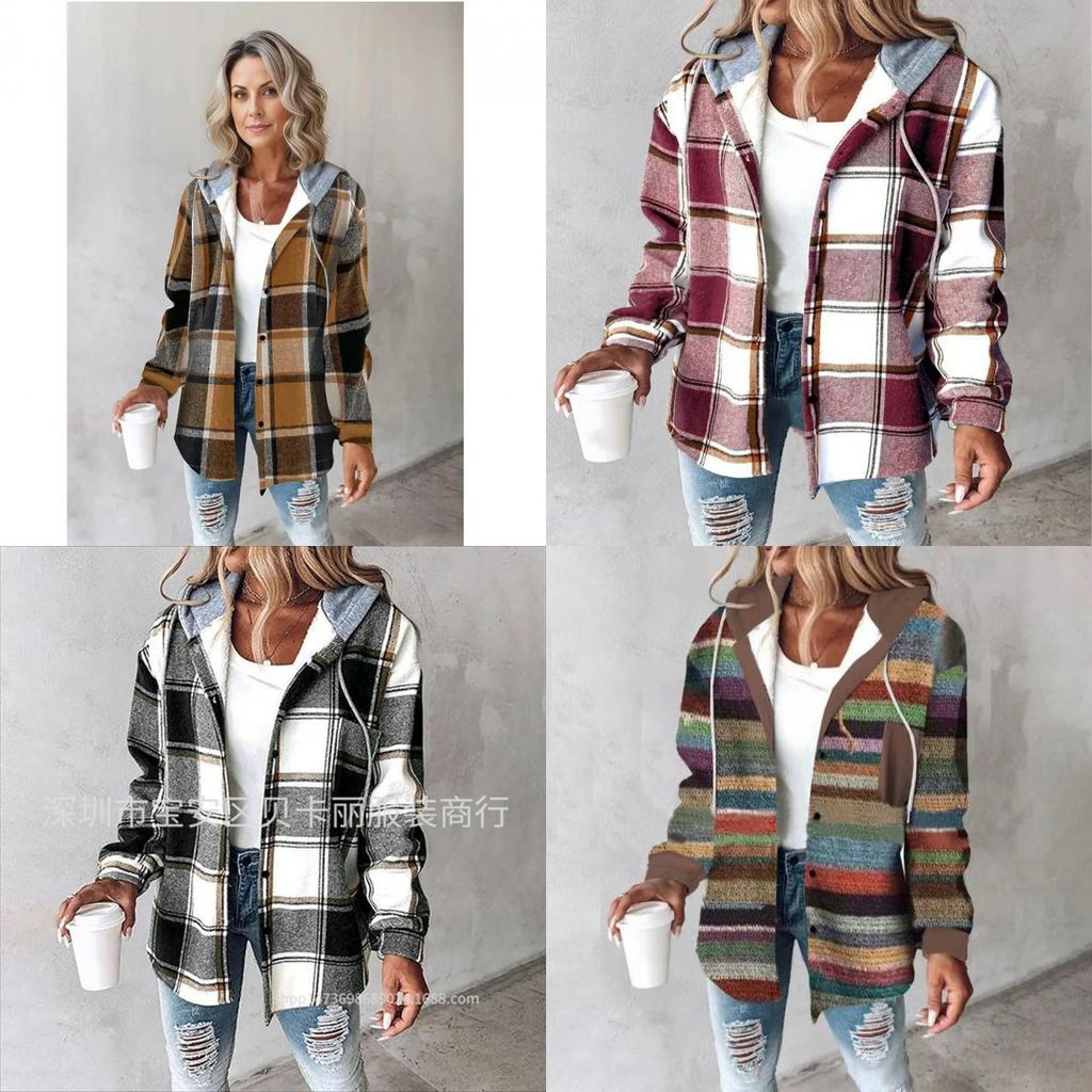 Womens Plaid Check Pattern Blend Coat With Hood For Casual Office Wear Spring