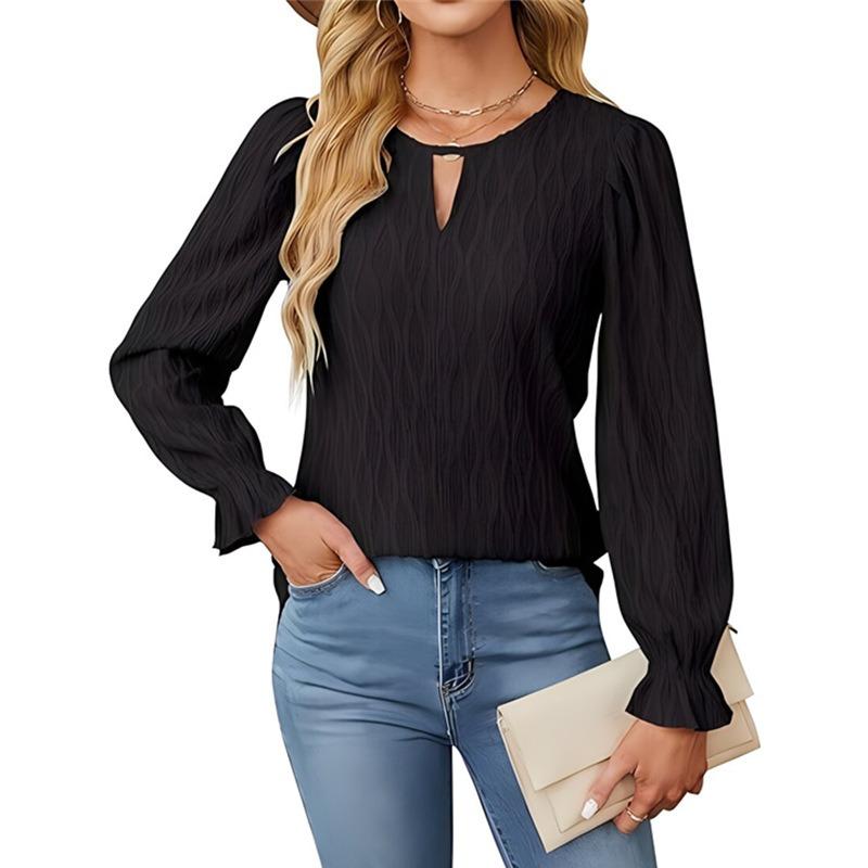 BITCED Women's Fashion Casual Solid Color Print O-Neck Long Sleeve Blouses & Shirts