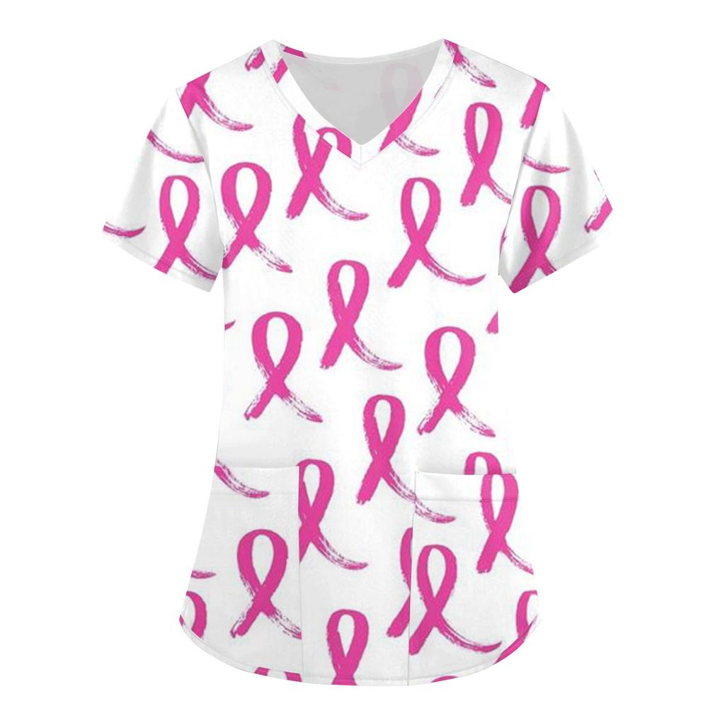 Women's Fashion Easter Printed Short Sleeve V-Neck Top Small Pocket Work T-Shirt