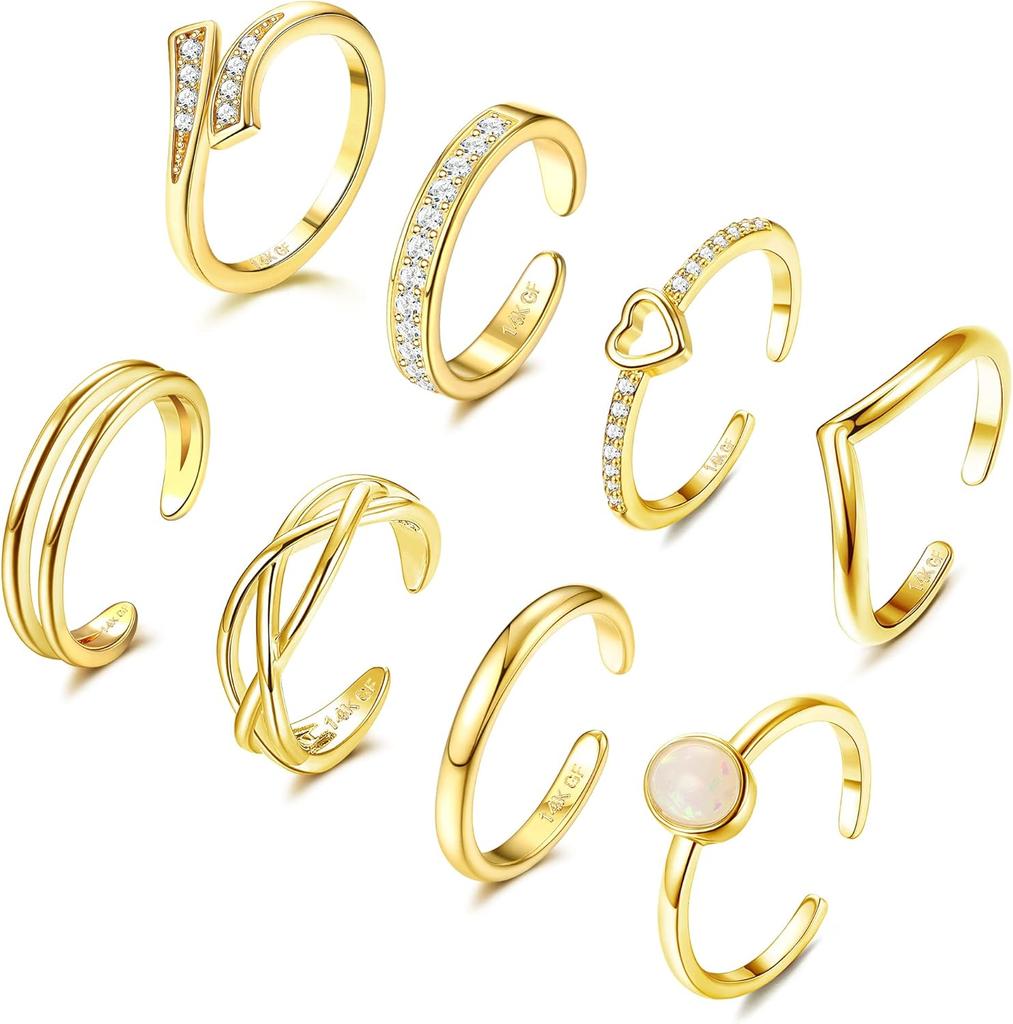 Bobisty 8 Stück 14K Gold Plated Zehenringe für Damen Anlaufgeschützt Verstellbare Zehenringe Set Offener Ring Zirkonia Zehenring Sommer Fußschmuck