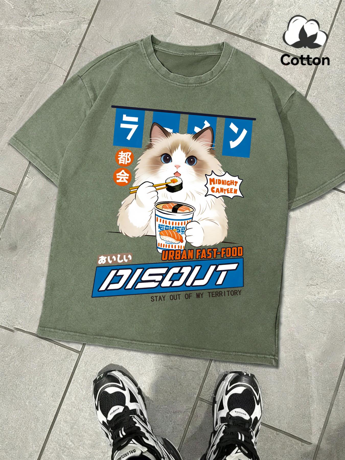 

Puppet Cats Who Enjoy Eating Sushi Washed TShirts Summer Casual ONeck Short Sleeve Fashion Cotton Retro Top Unisex Basics Tee S