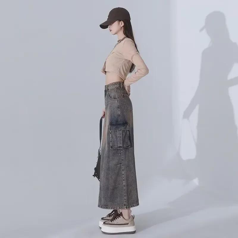 Saia Jeans A-Line Fenda Cintura Alta Retrô Americana Feminina - Comprimento Médio para Primavera e Outono