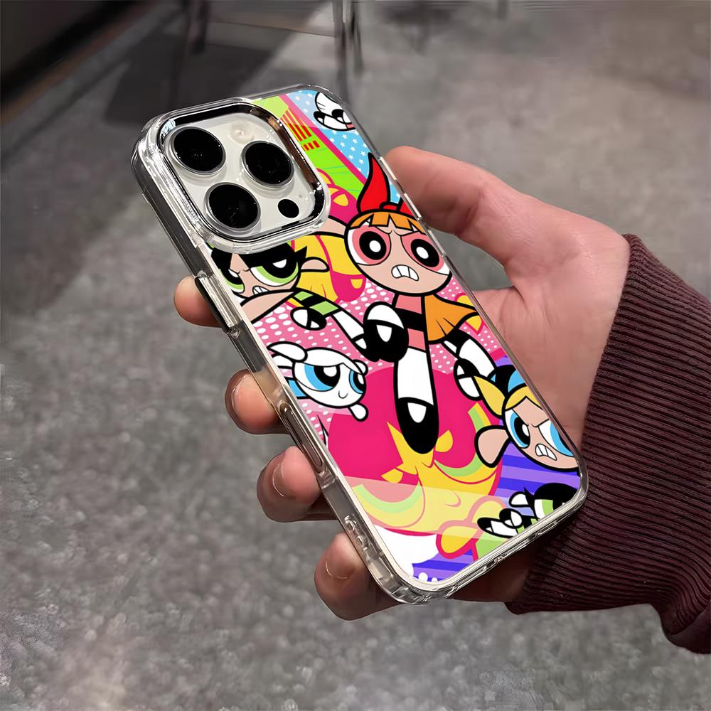 The P-Powerpuff Girls Cute Phone Case For IPhone 17 Air 16 E 15 14 13 12 11 Plus Pro Max Electroplated Transparent Soft Shell
