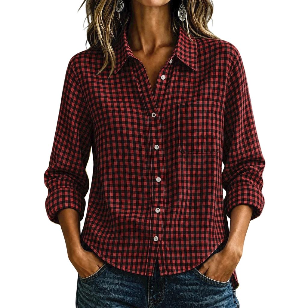 Dames geruit loszittend knoophemd met lange mouwen casual top