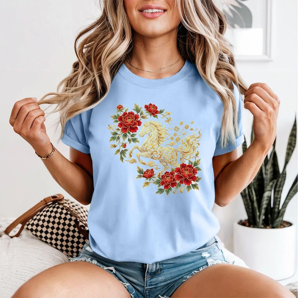 Golden Horse Chinese Zodiac Unisexs TShirt Lunar New Year Peony Filigree Tee 2XL