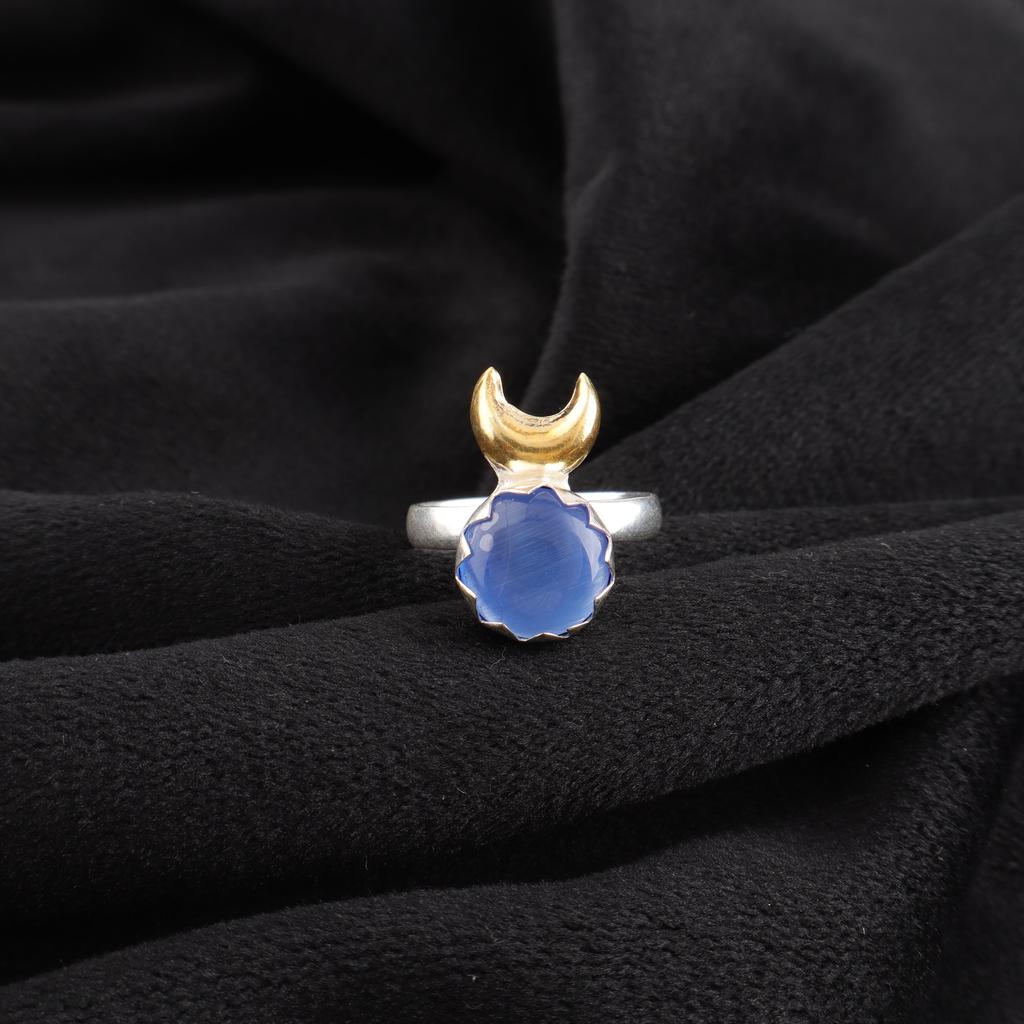 Dark Blue Cat's Eye Gemstone Ring, 925 Solid Sterling Silver Designer Jewelry, Handmade Spiritual Ring Gift For Sister