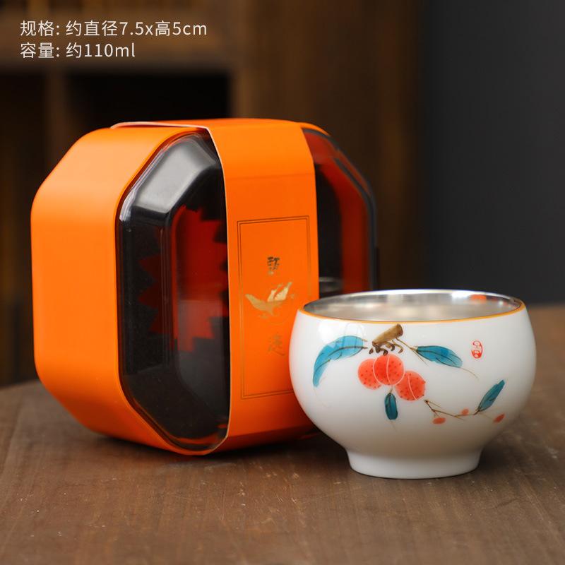 999 Pure Silver Master White Porcelain Hand-painted Underglaze Color Gold-plated Single Cup Kung Fu Tea S