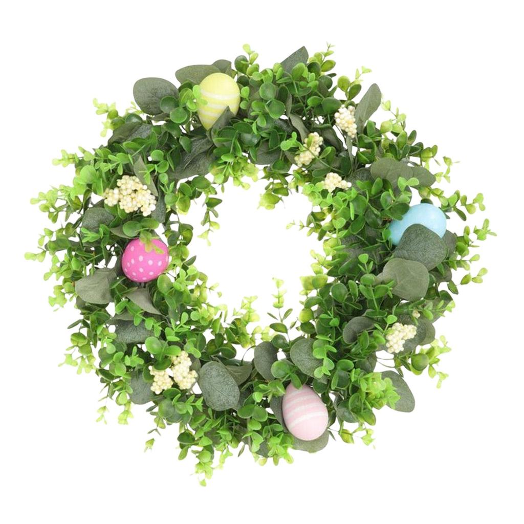 Easter Wreath with Pastel Eggs Front Door Wall Hanging Artificial Green Leaves Garland for Party Holiday Home Garden Decoration