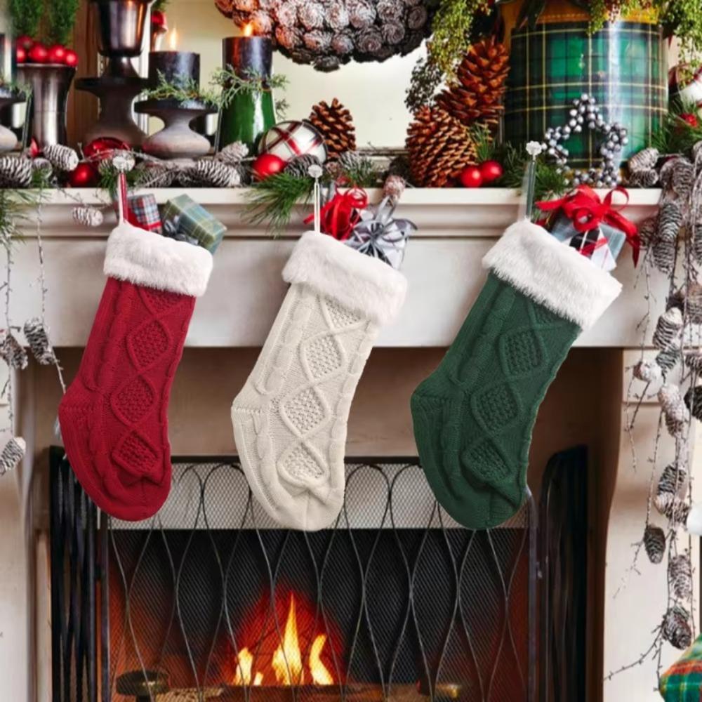 

With Fluff Knitted Christmas Stocking Solid Color Christmas Tree Ornaments Christmas Gift Bag Kids серый
