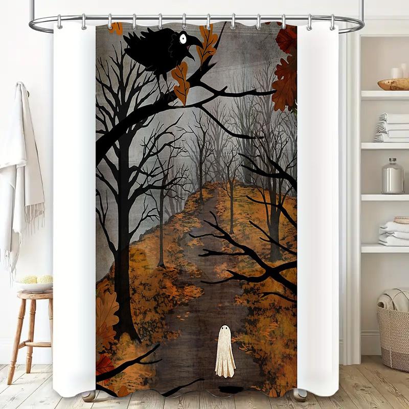 Spooky Halloween Shower Curtain Ghostly Forest Trees Pattern Bathroom Decor Home Gothic Horror Vintage Themed Backdrop