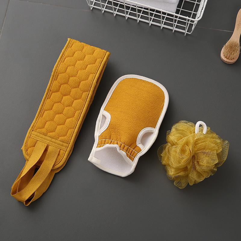 Adult Bathing Set: Towel, Long Back Scrubber, Exfoliating Mitt, and Bath Ball