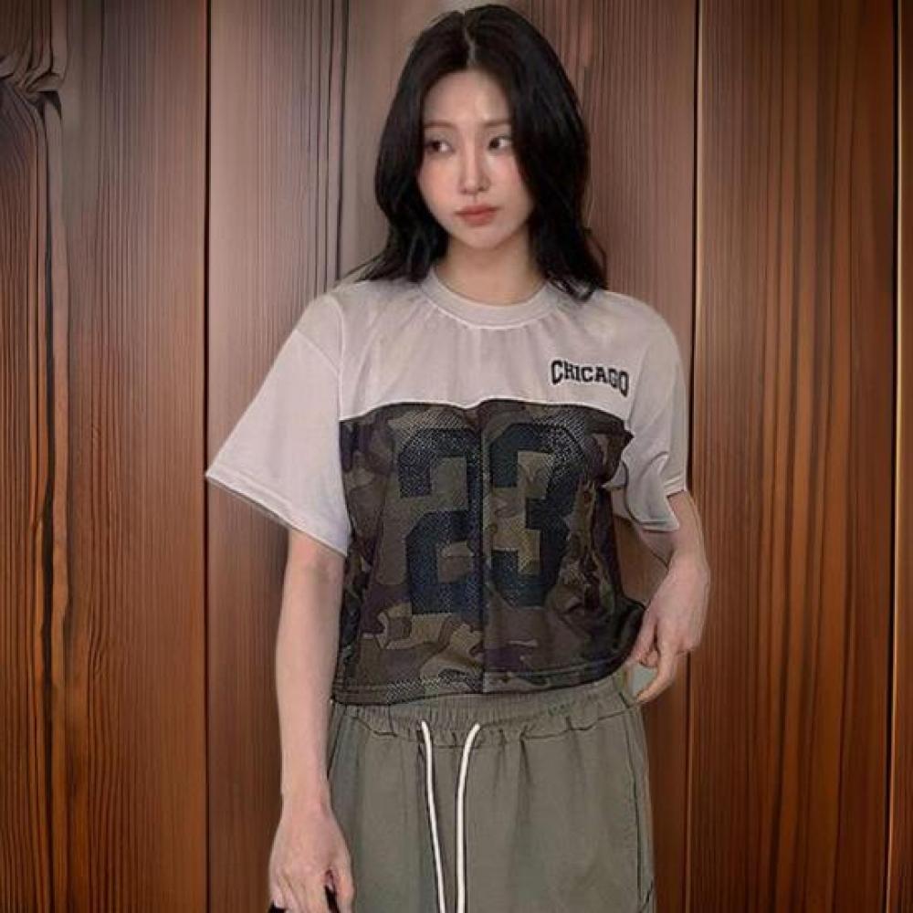 New Arrivals Open Run Women Camo Color Block Mesh T shirT