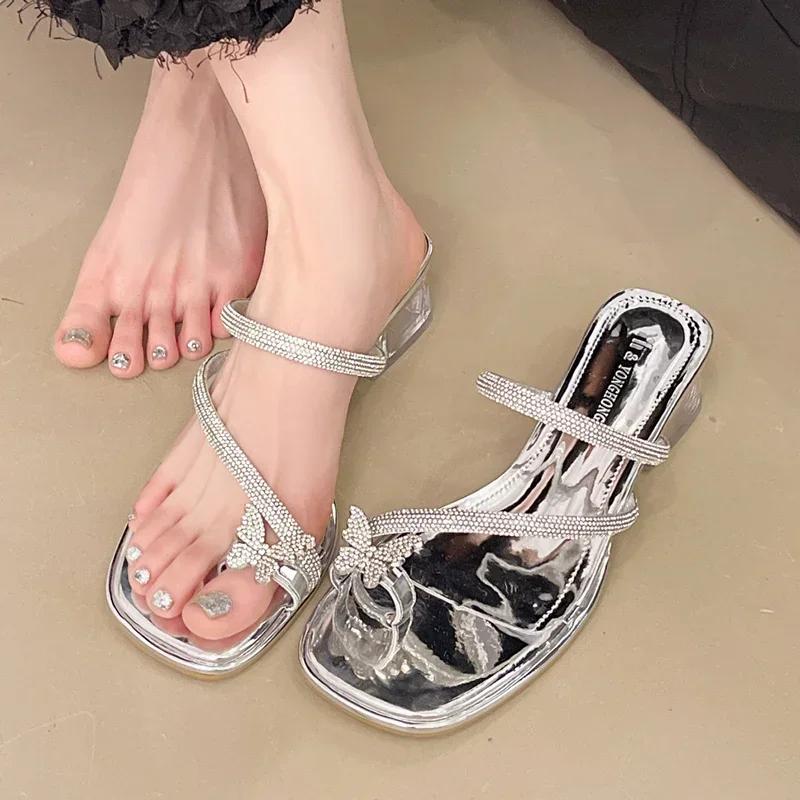 Fashion 2025 Luxury Women Sandals Crystal Butterfly Women Shoes Summer Fashion Wedding Party Shoes Woman Clip Toe Thick Heeled Sandalias