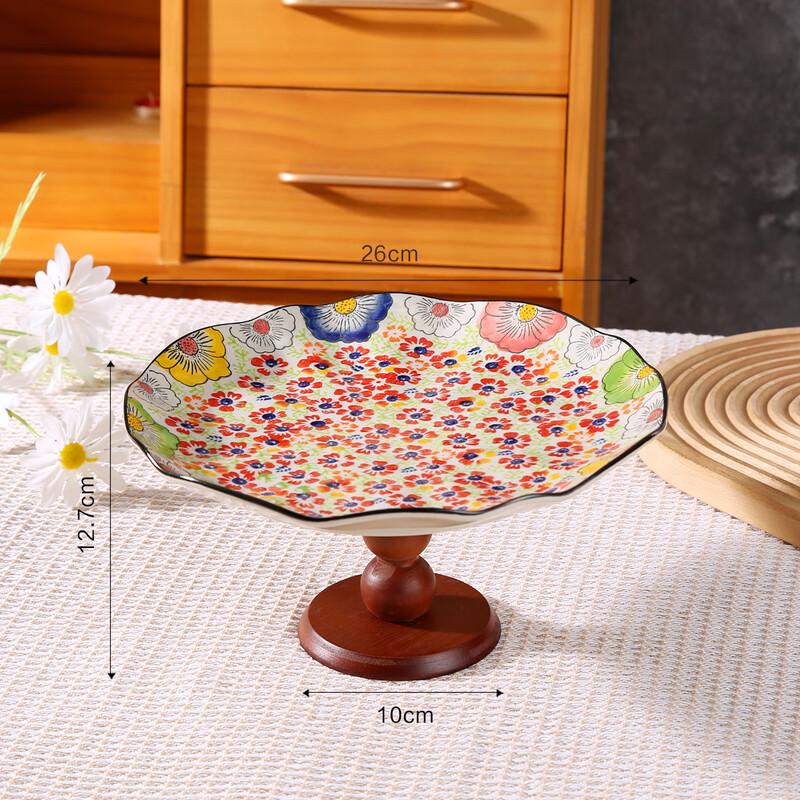 Oujie Wang 26CM Floral Ceramic Plate with Wooden Stand