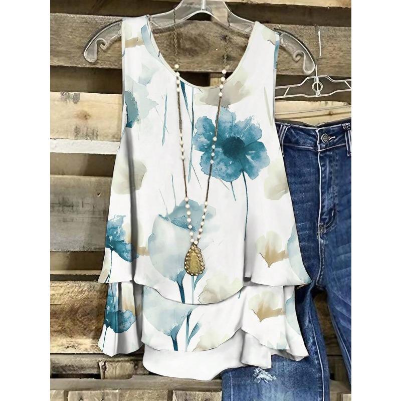 YYFS Women s Fashion Casual Summer Spring Flower Pattern Print Sleeveless U-Neck Blouses & Shirts XL