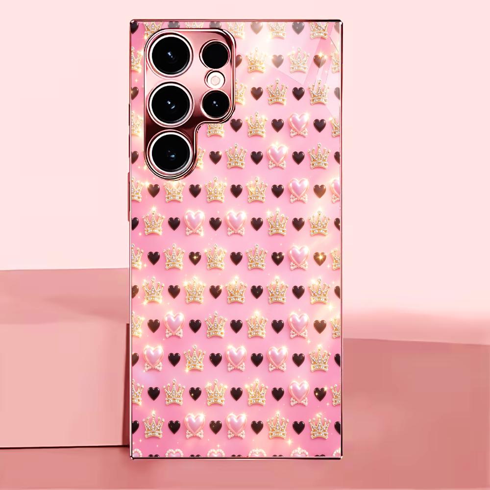 Cute Pink Black Heart Shape Phone Case Glass S26 Ultra Case S25 Ultra Case for Samsung Galaxy S26 S25 S24 S23 S22 FE Ultra Plus