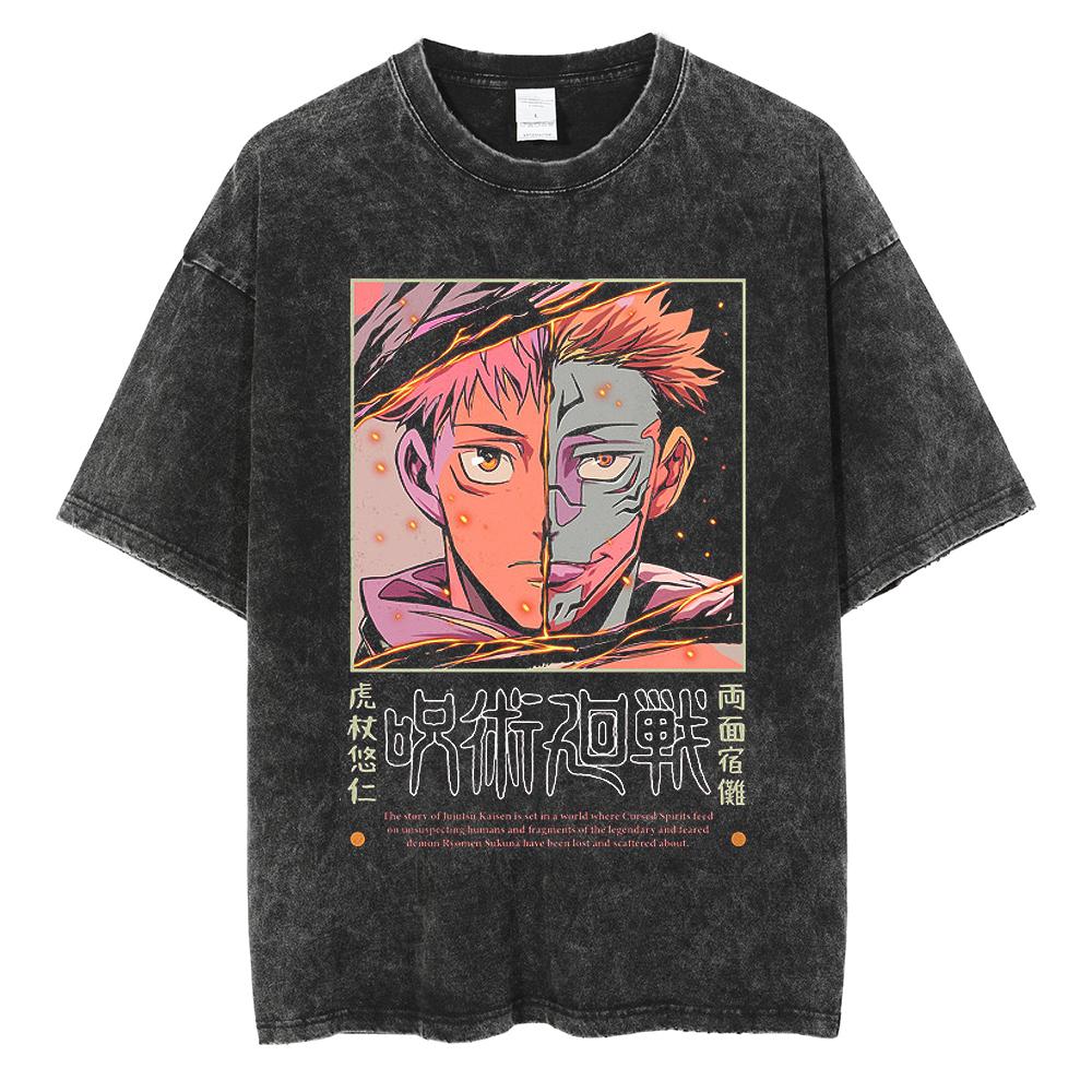 Hot Anime Jujutsu Kaisen Nanami Kento Print Tee Men Vintage Washed T-Shirt Oversize Tshirt Short Sleeve Cotton Loose Top Tee