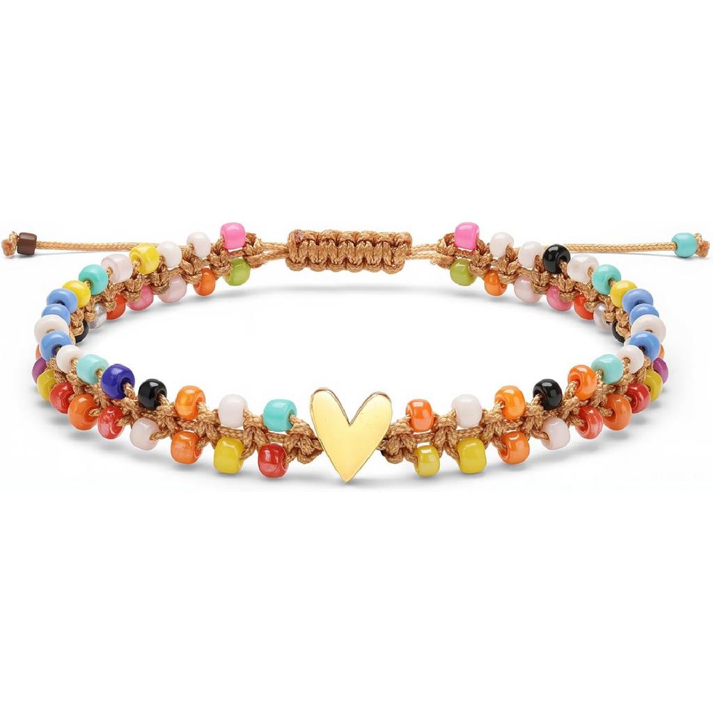 Beaded Bracelet for Women, Double Layer Colorful Seed Bead Bracelet with Heart Charm, Handmade Boho Stackable Bracelet, Adjustable Friendship Jewelry