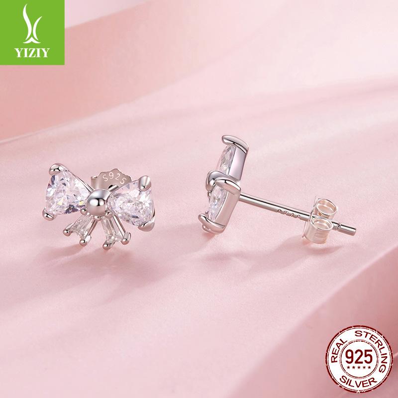 Sparkling Zircon Bow Stud Earrings Lady, Sweet Girl Heart S925 Sterling Silver Stud Earrings