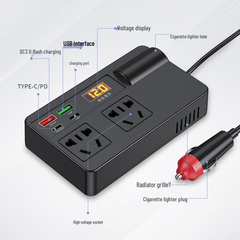 High-Power Car Inverter: Multi-Function 12V/24V to 220V Converter for Fast Charging in Cars and Trucks