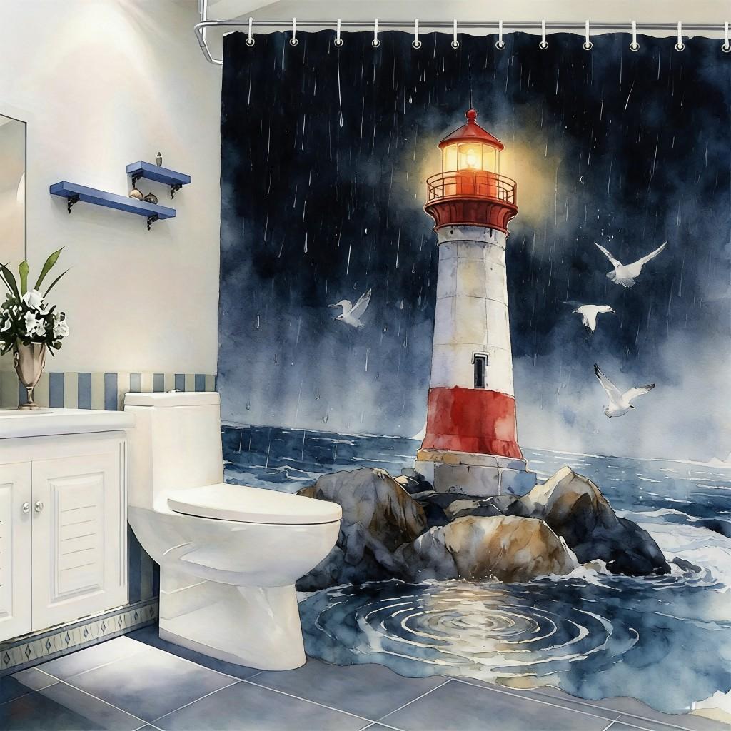 

Watercolor Sunset Ocean Sailboat & Seagulls Waterproof Shower Curtain For Bathroom Decor W60H190(CM)-1 Pcs