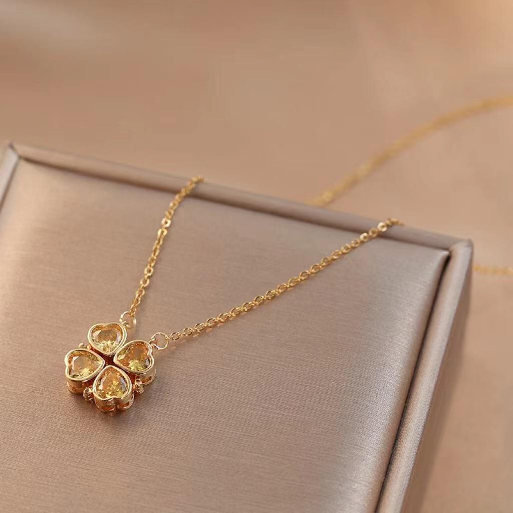 Double Layer Four-Leaf Clover Titanium Steel Necklace: Japanese & Korean Women's Heart Clavicle Chain