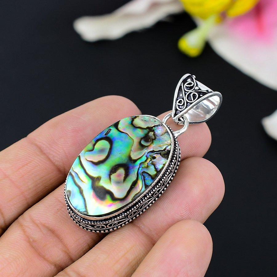 Abalone Shell Gemstone Handmade 925 Sterling Silver Jewelry Pendant 2.48" KG-121