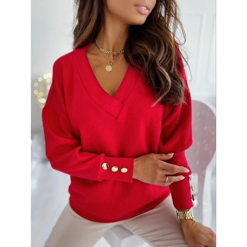 Spring and Autumn New Casual Fashion Loose Solid Color Button V Neck Long Sleeve T-Shirt for Women