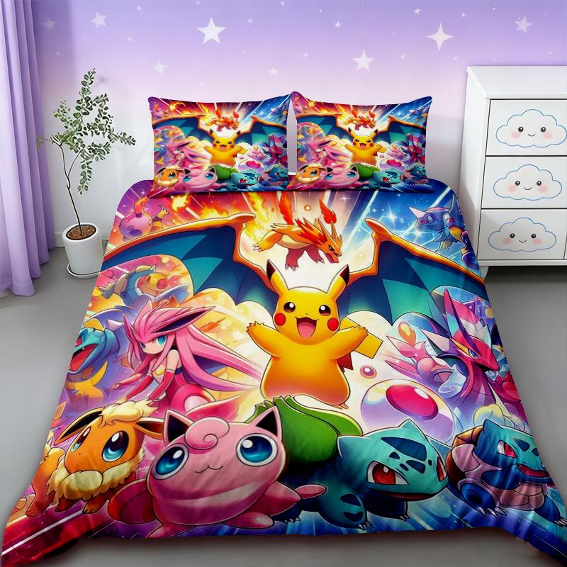 Conjunto de Roupa de Cama Pokemon Desenho Animado Anime Quarto Infantil Capa de Edredom Menino Menina Roupa de Cama Solteiro Casal King Capa de Edredom Pikachu Presente