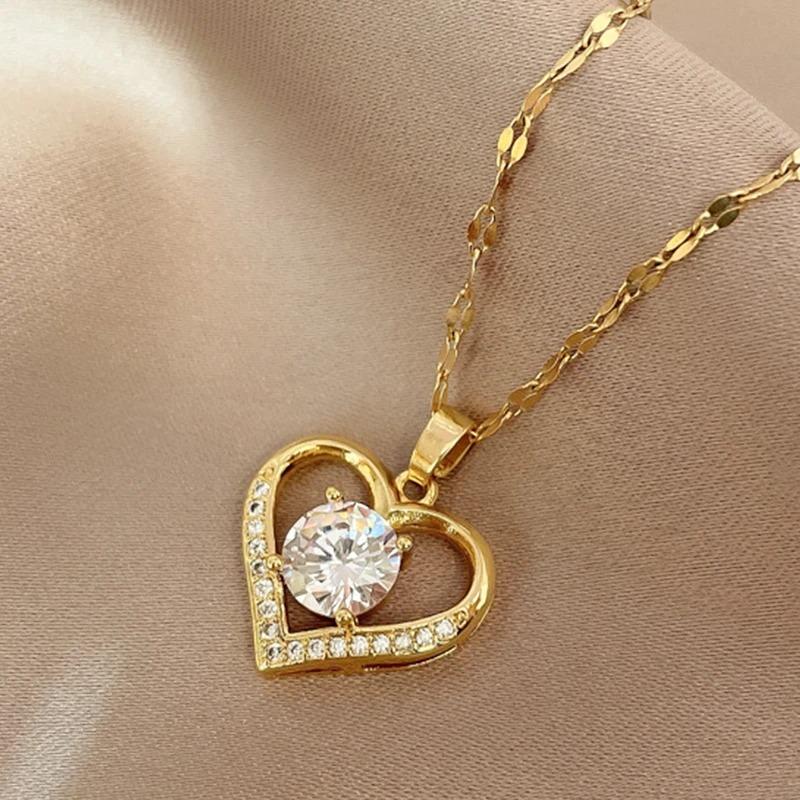 Artificial Gems Heart Pendant Necklace for Women Golden Stainless Steel Lips Neck Chain Female Necklaces Jewelry for Girl