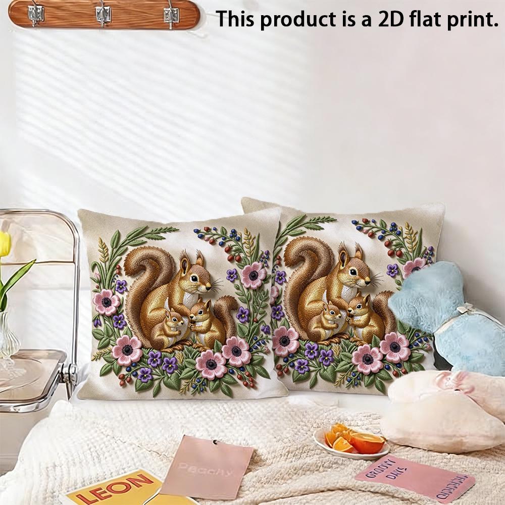2pcs Vintage Squirrel Family Floral Throw Pillow Covers,Soft Decorative Square Cushion Cases for Sofa Bedroom Living Room