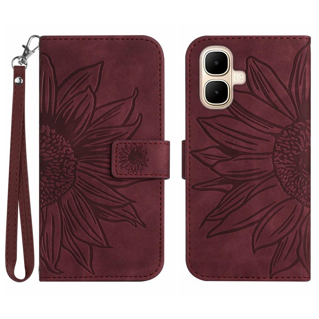For TECNO Pop 10/Infinix Smart 10 Case Sunflower Imprint Leather Wallet Phone Cover with Wrist Strap