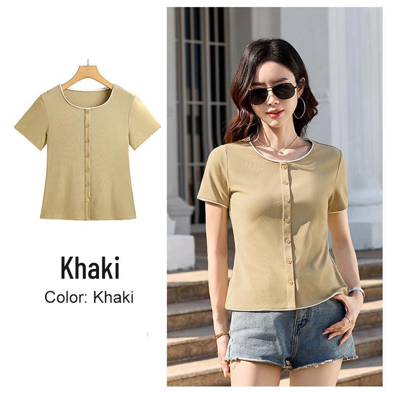 2026 Women s Short-Sleeve Color Block Button-Up Cotton T-shirt, Casual Top with Round Neck and Regular Shoulder XL хаки