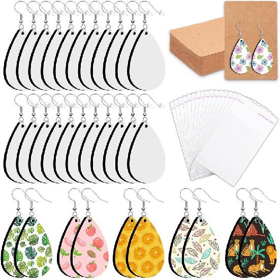60 Pieces Sublimation Blanks Products, Modacraft Sublimation Blank Earrings with Earring Hooks Jump Rings Ear Plugs Holder Cards Bags for Jewelry DIY
