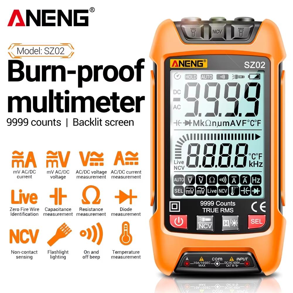 Portable ANENG SZ02 Digital Multimeter 9999 Counts AC DC Voltage Current Temp Capacitance NCV Zero Live Wire Tester HD Backlight Dual Digital Display