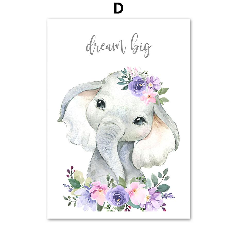 Lavender Pink Floral Animal Poster Elephant Lion Giraffe Nursery Wall Art Print Canvas Painting Wall Pictures Baby Room Decor
