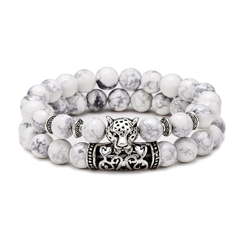 Unique 2Pcs Men Bracelet Set Natural Lava Stone Braslet Antique Leopard Animal Braclet Tiger Bead Brazalete Leisure Accessories