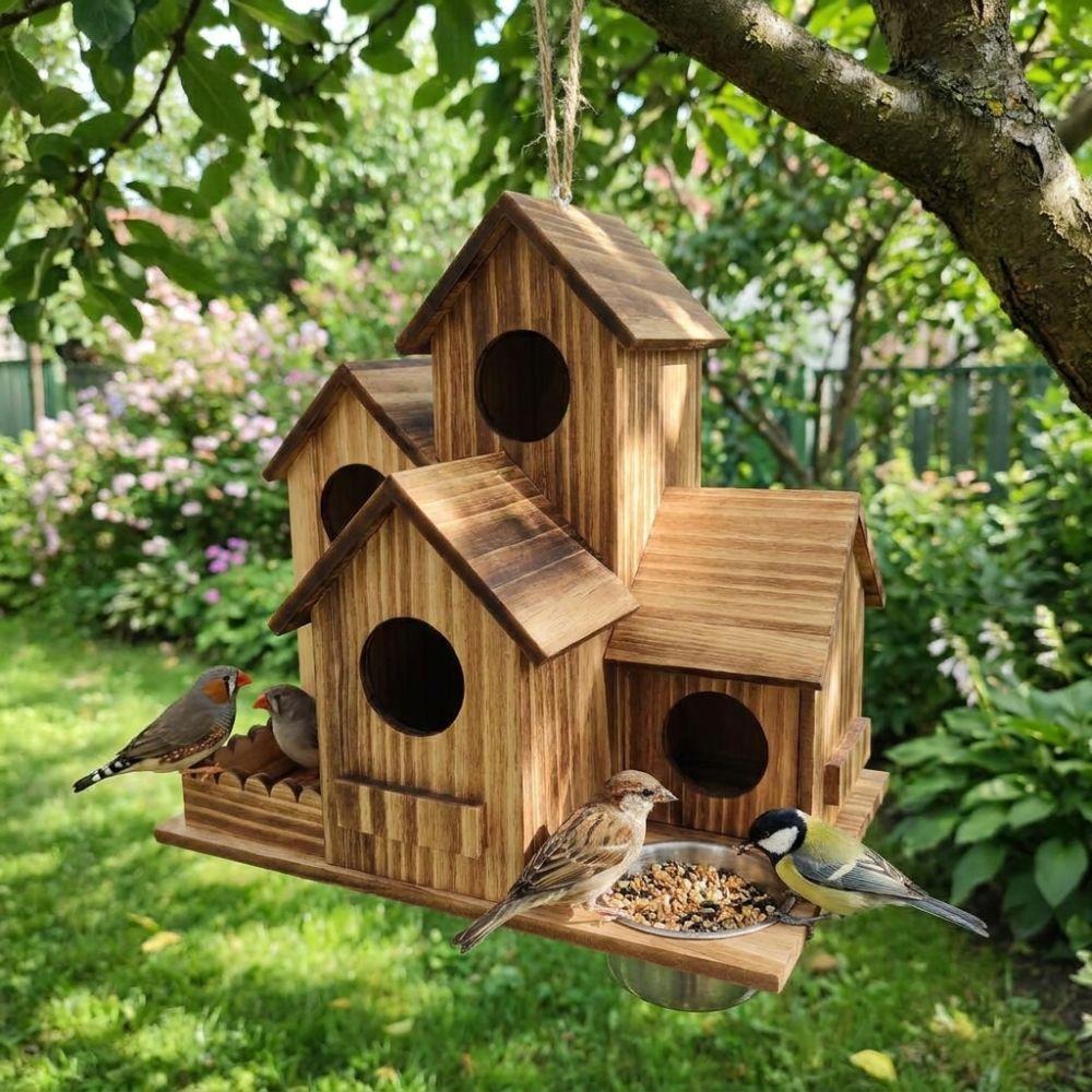 Rustic Style Wooden Bird House Feeder Weather Resistant Hanging Birdhouse Outdoor Use