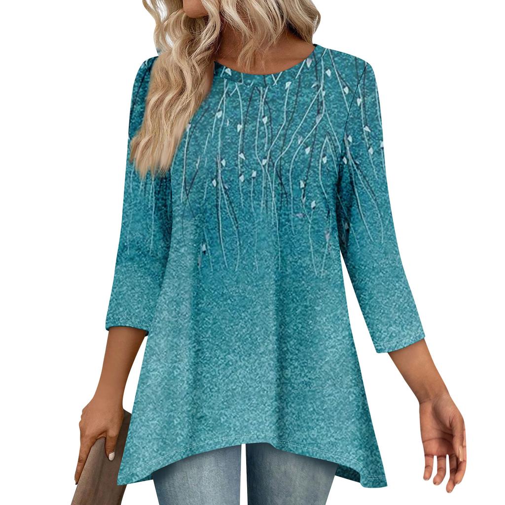 Tunic Tops For Women Loose Fit Prints Tops 3/4 Length Sleeve Womens Tops With Asymmetrical Hem