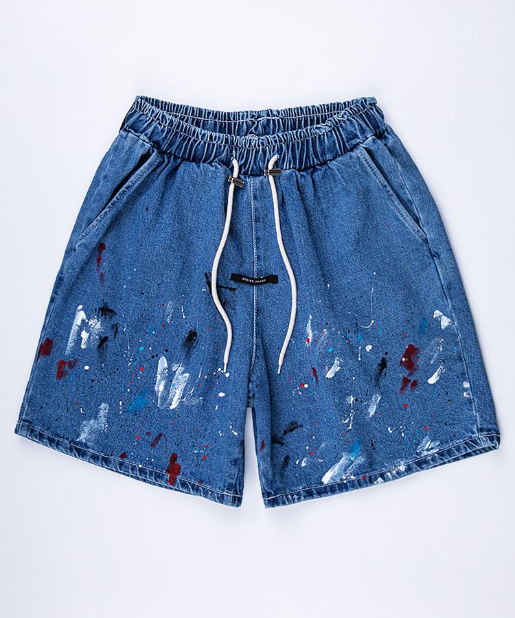 Seuteulaikeu Blue Wash Multi-Hue Painted Denim Shorts (Relax)