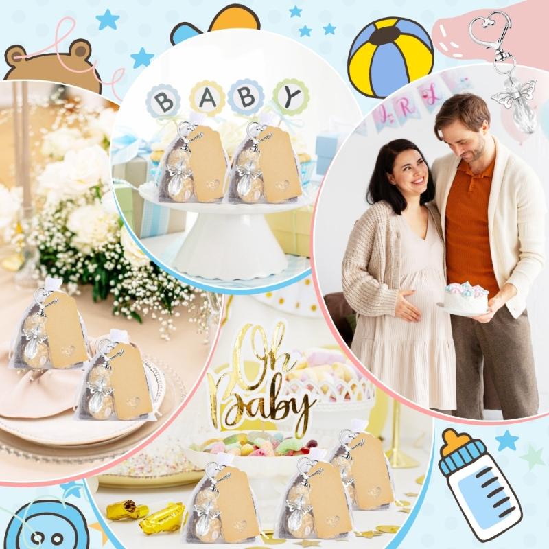 30Pcs Angel Wing Charm Keychain Decorative Key Holder with Drawstring Gauze Bag and Labels for Baby Showers Wedding